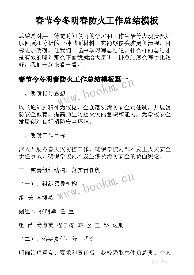 春节今冬明春防火工作总结模板