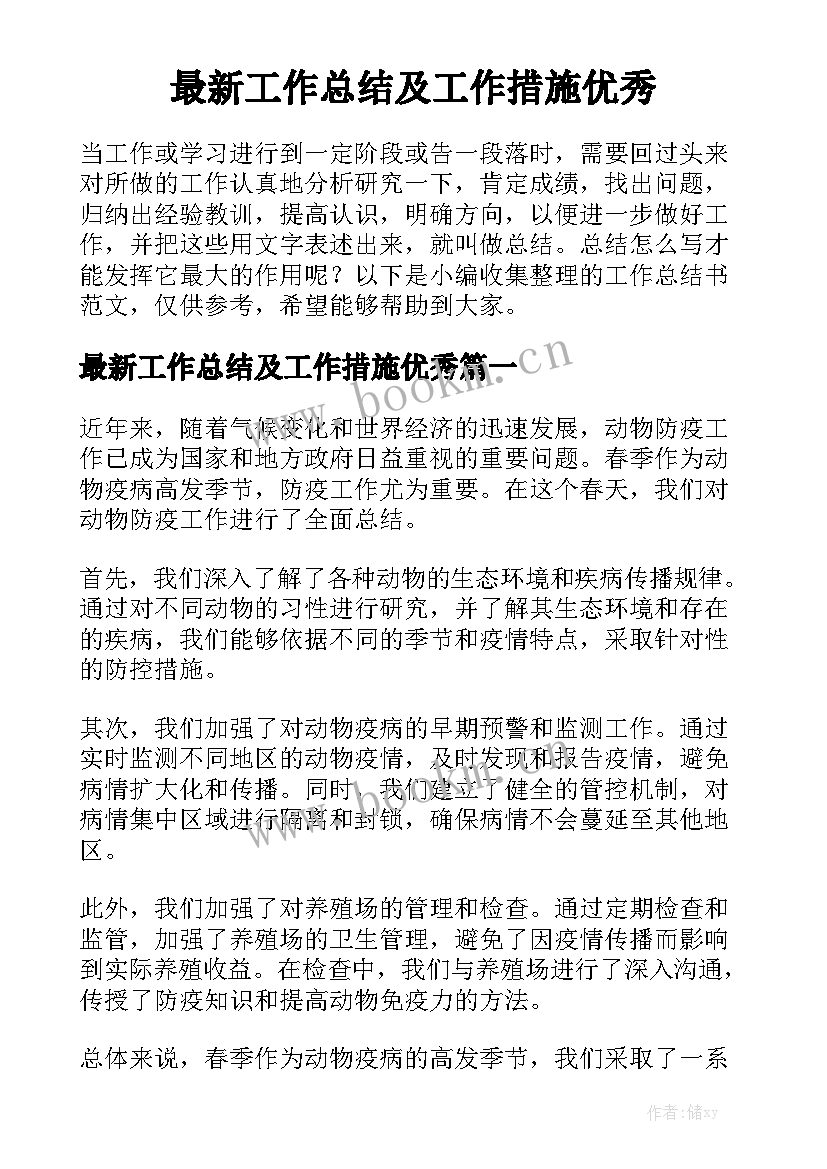 最新工作总结及工作措施优秀