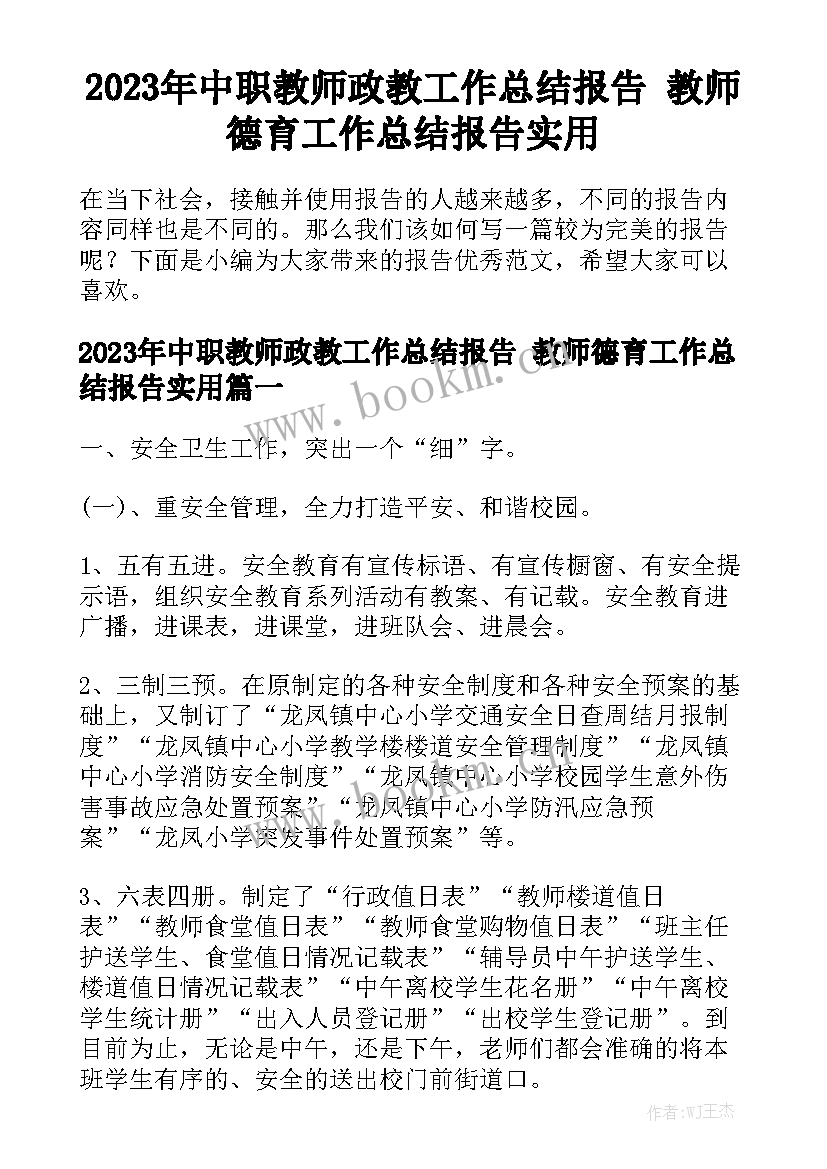 2023年中职教师政教工作总结报告 教师德育工作总结报告实用