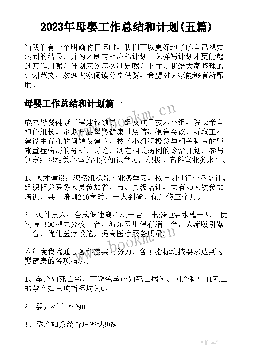 2023年母婴工作总结和计划(五篇)