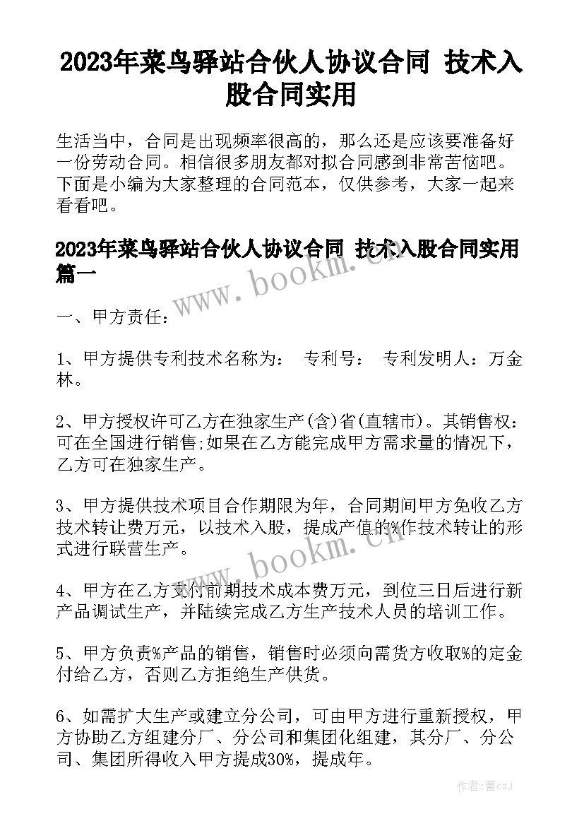 2023年菜鸟驿站合伙人协议合同 技术入股合同实用