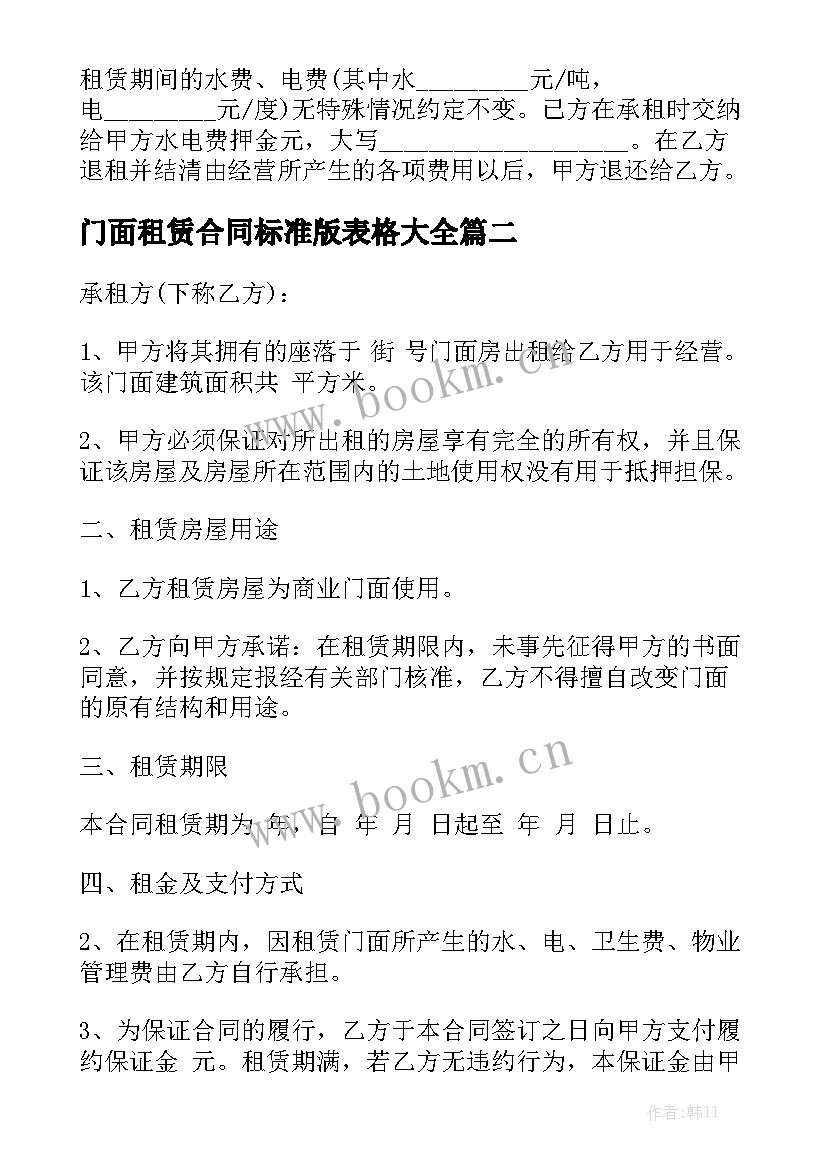 门面租赁合同标准版表格大全