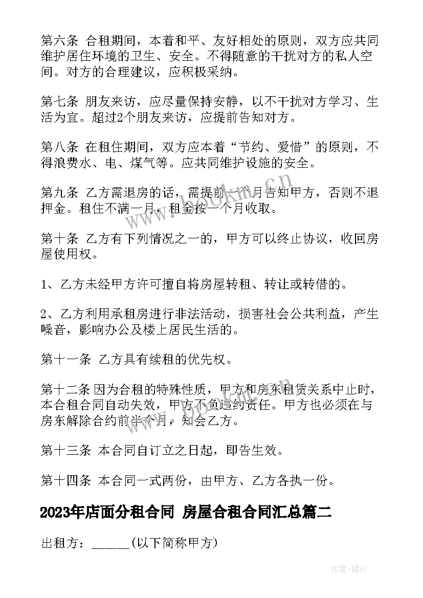 2023年店面分租合同 房屋合租合同汇总