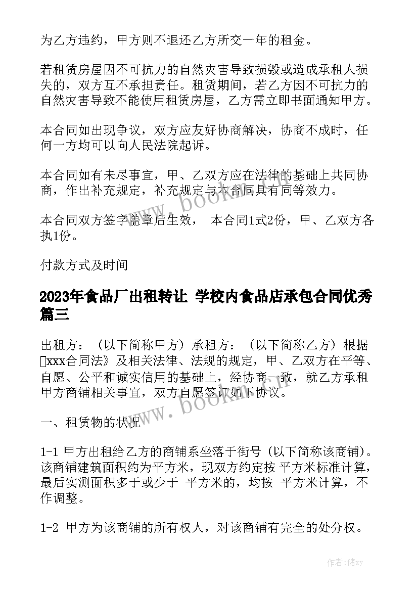 2023年食品厂出租转让 学校内食品店承包合同优秀