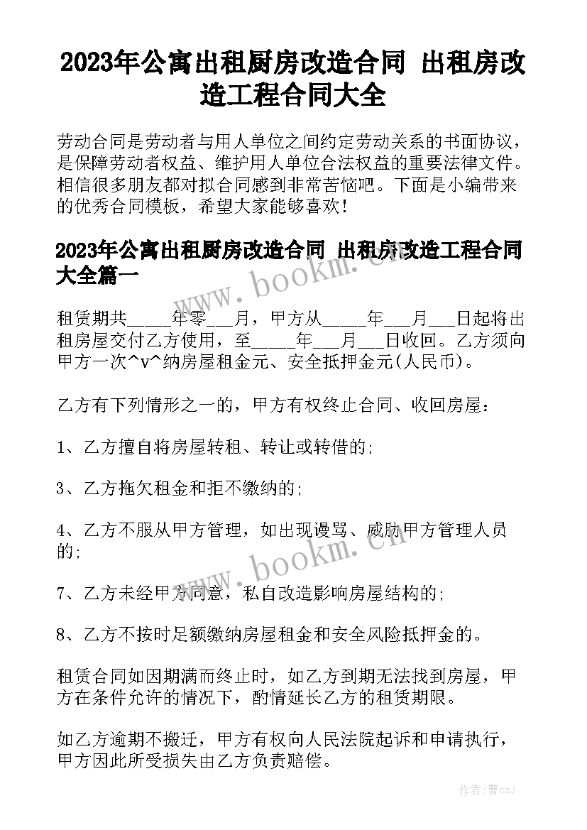 2023年公寓出租厨房改造合同 出租房改造工程合同大全