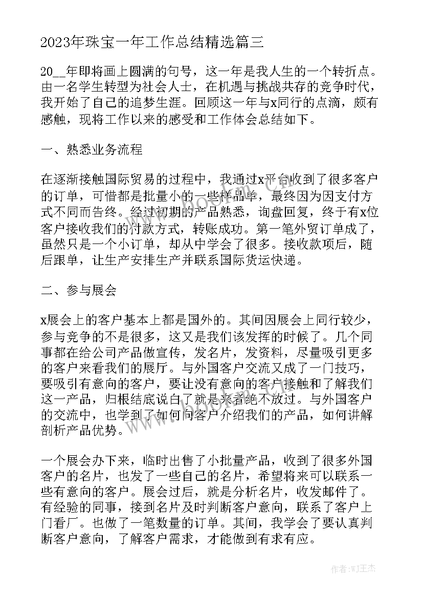 2023年珠宝一年工作总结精选