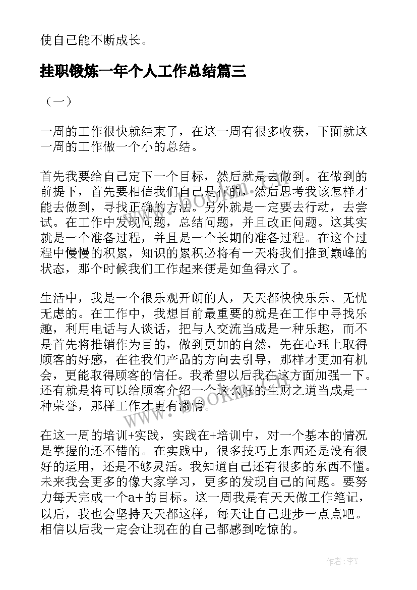 2023年挂职锻炼一年个人工作总结优秀