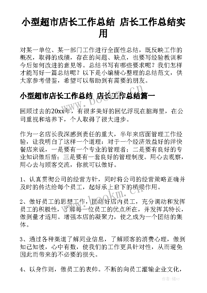 小型超市店长工作总结 店长工作总结实用