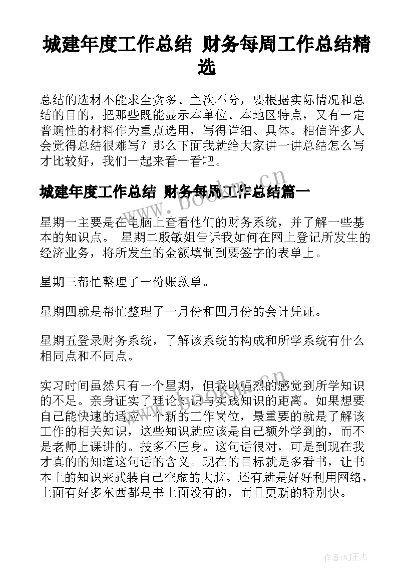 城建年度工作总结 财务每周工作总结精选