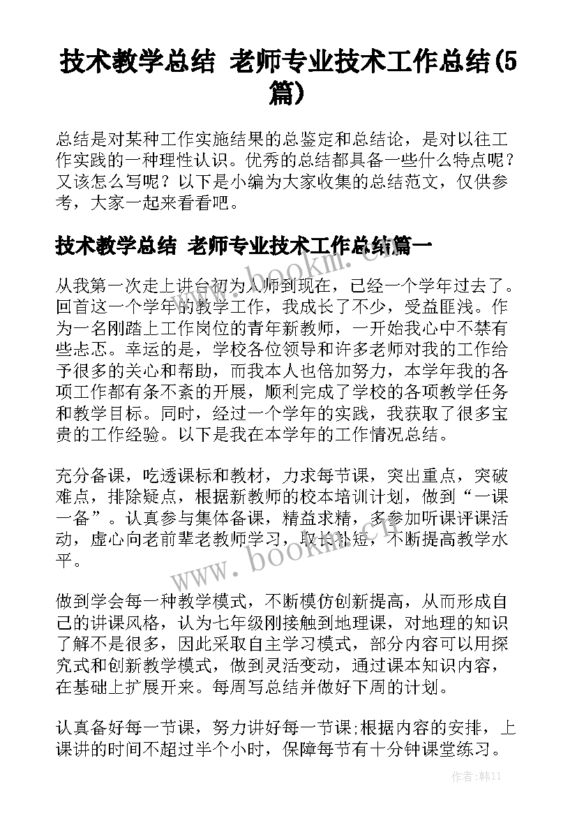 技术教学总结 老师专业技术工作总结(5篇)