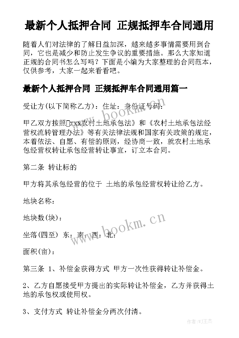 最新个人抵押合同 正规抵押车合同通用