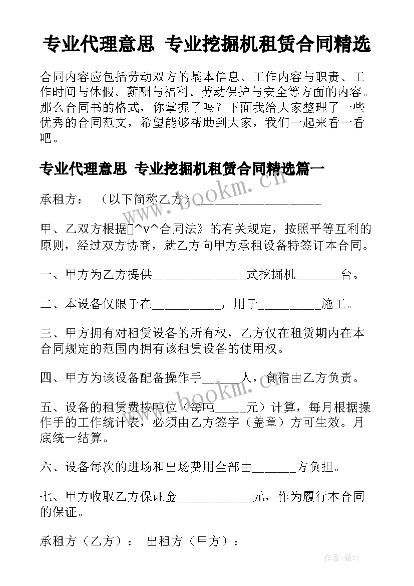 专业代理意思 专业挖掘机租赁合同精选