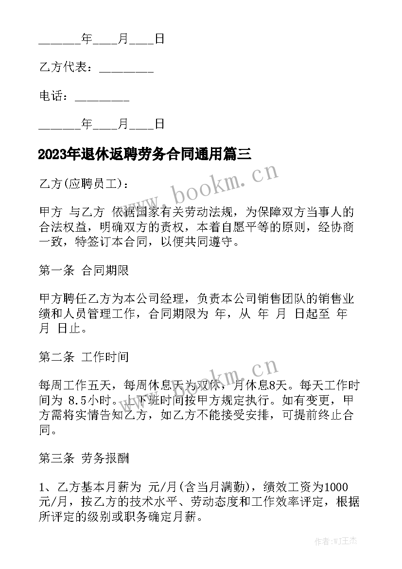 2023年退休返聘劳务合同通用