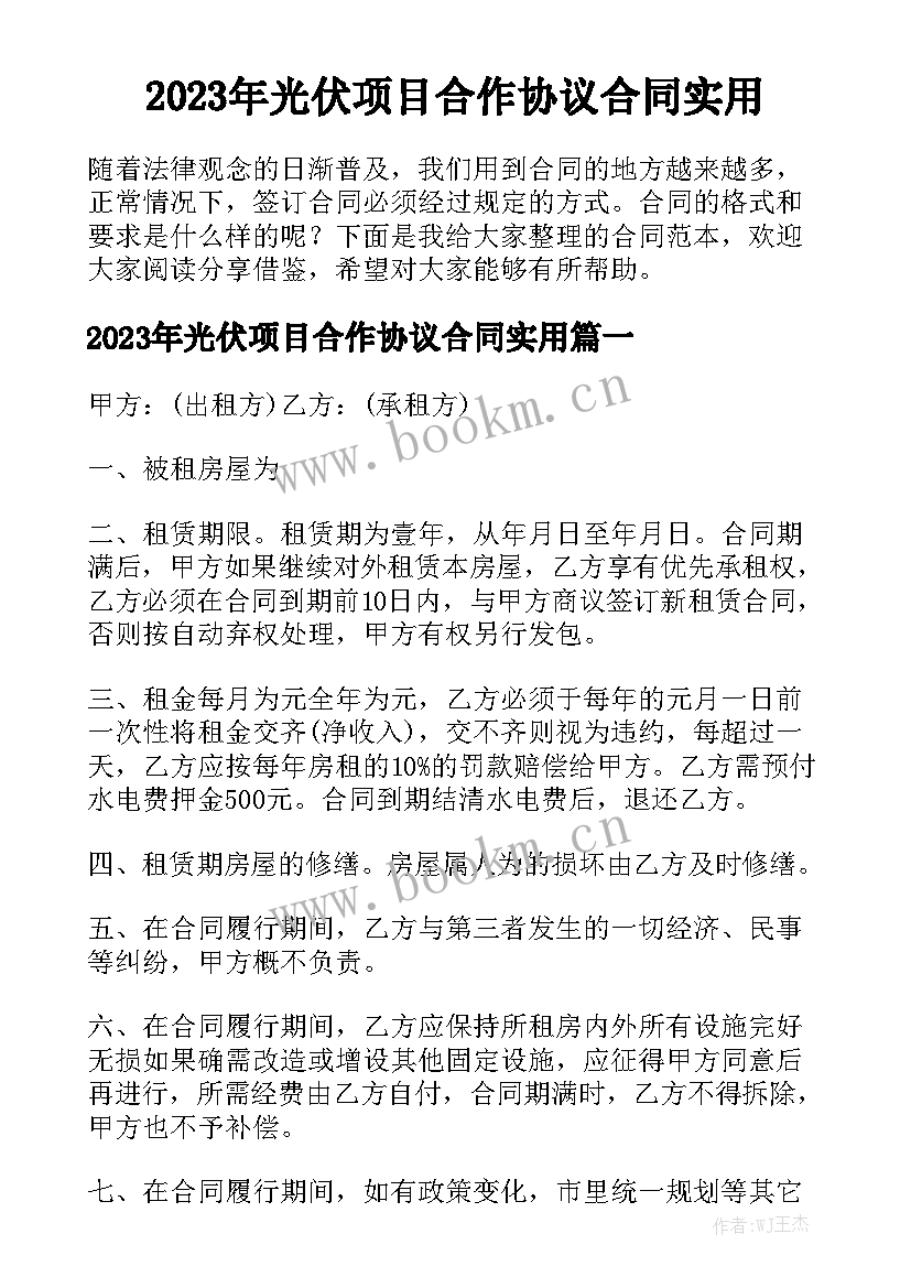 2023年光伏项目合作协议合同实用