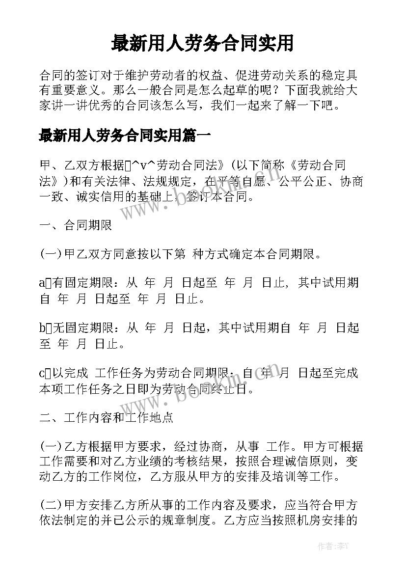 最新用人劳务合同实用