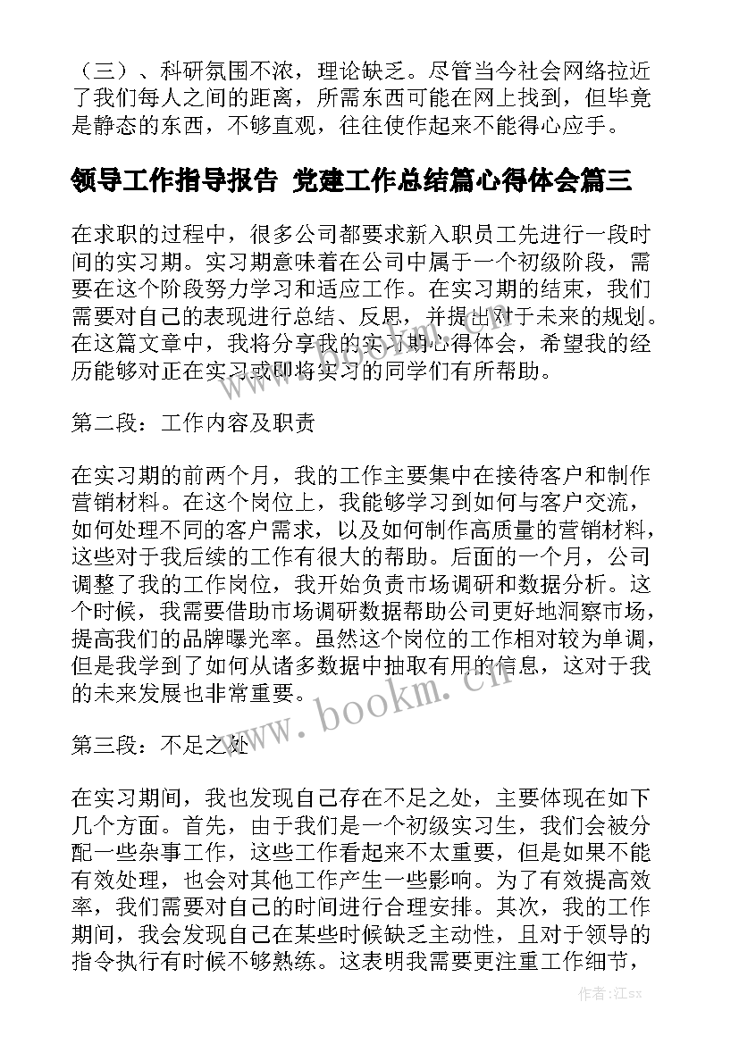 领导工作指导报告 党建工作总结篇心得体会