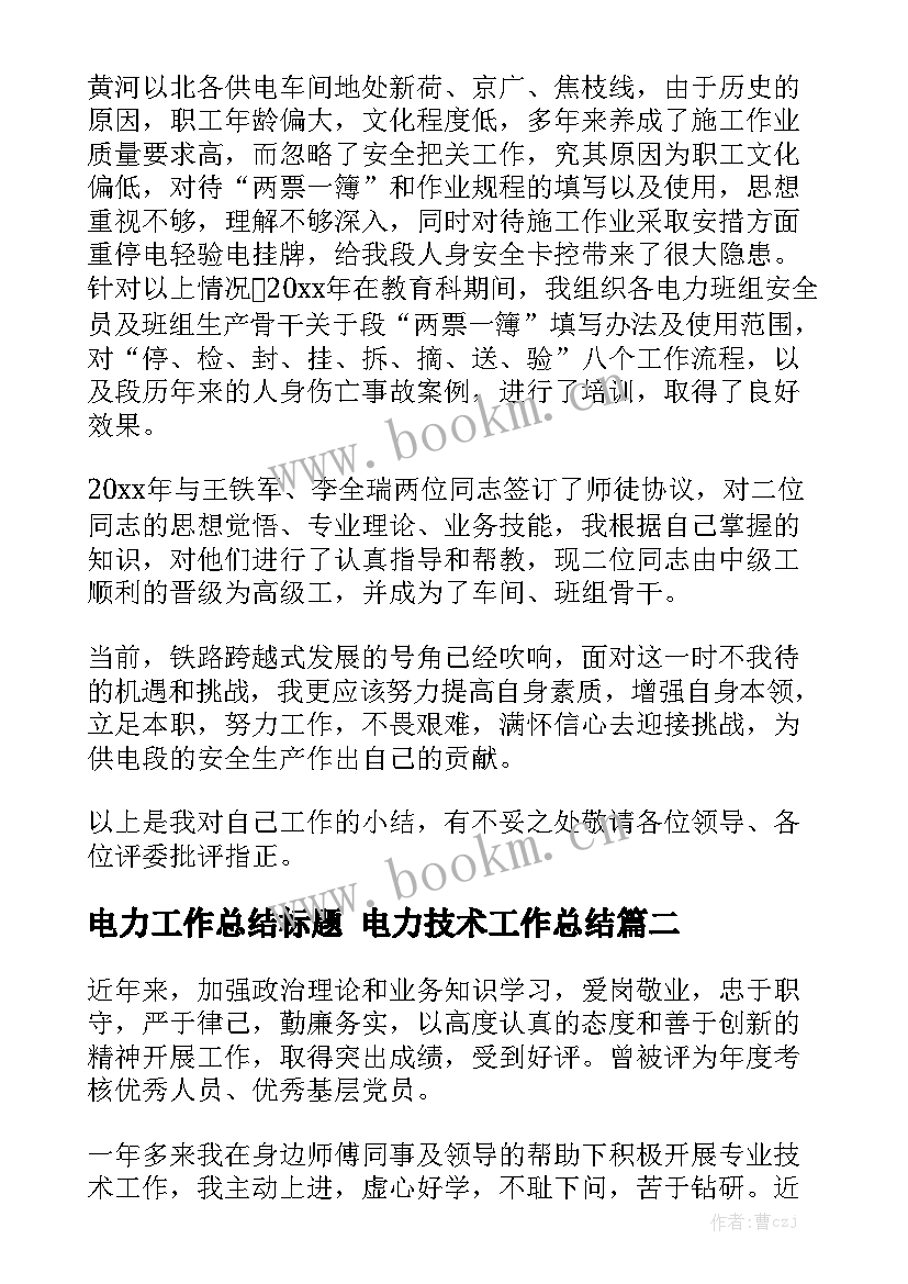 电力工作总结标题 电力技术工作总结