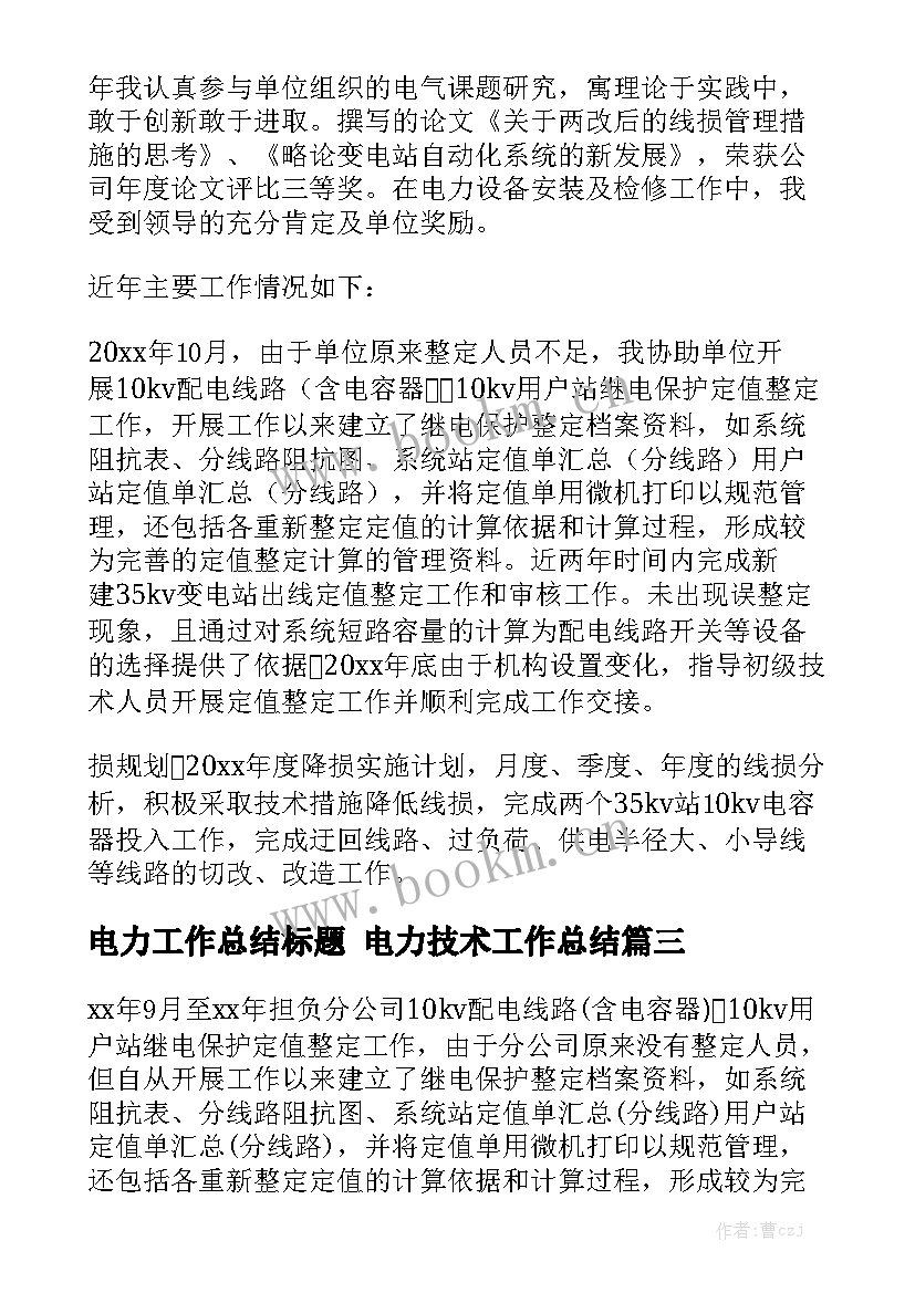 电力工作总结标题 电力技术工作总结