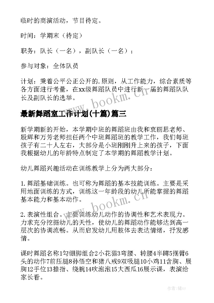 最新舞蹈室工作计划(十篇)