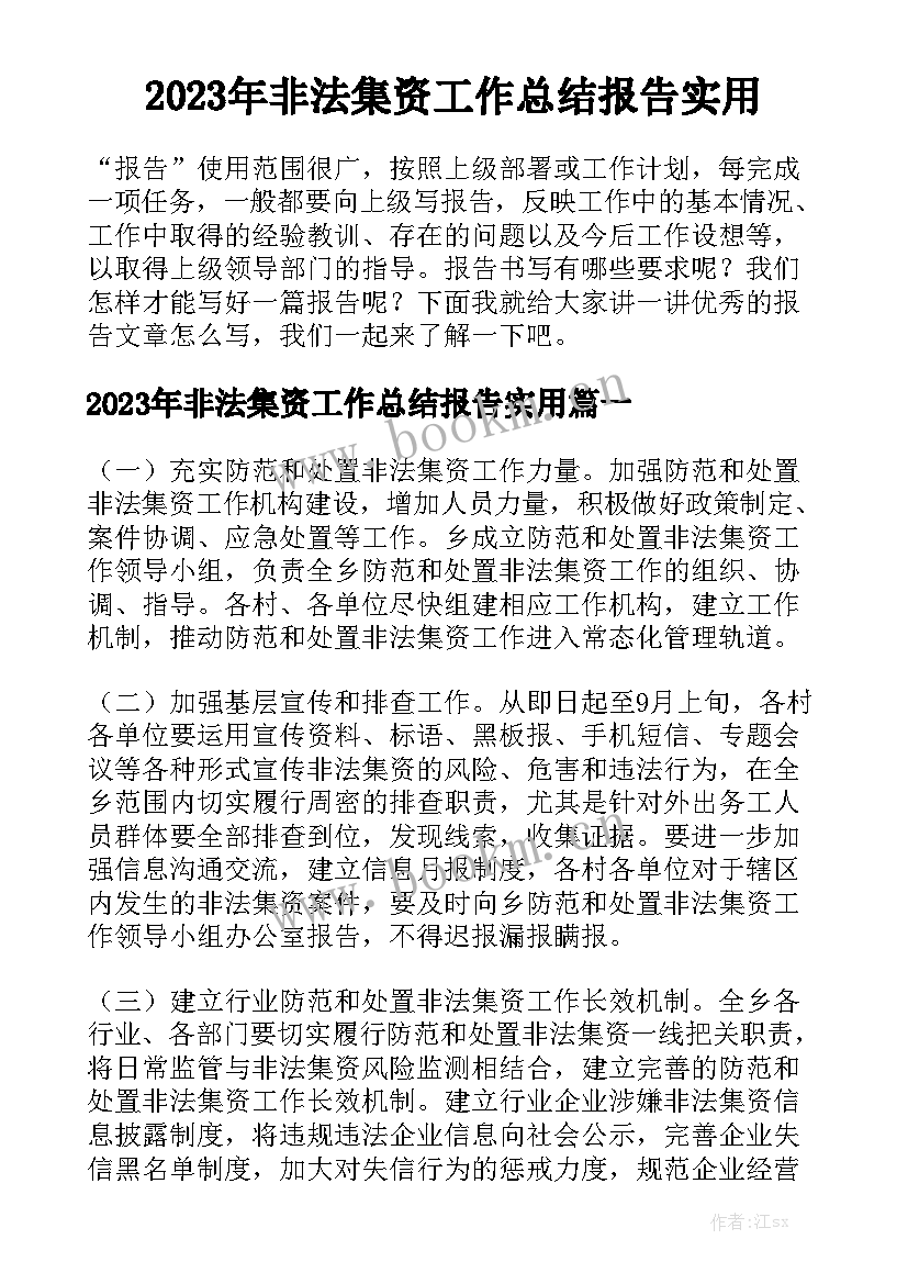 2023年非法集资工作总结报告实用