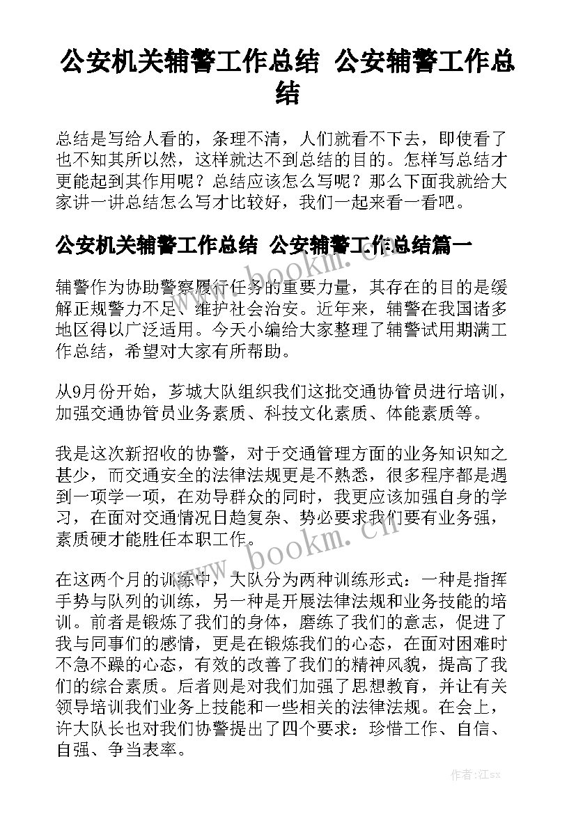 公安机关辅警工作总结 公安辅警工作总结