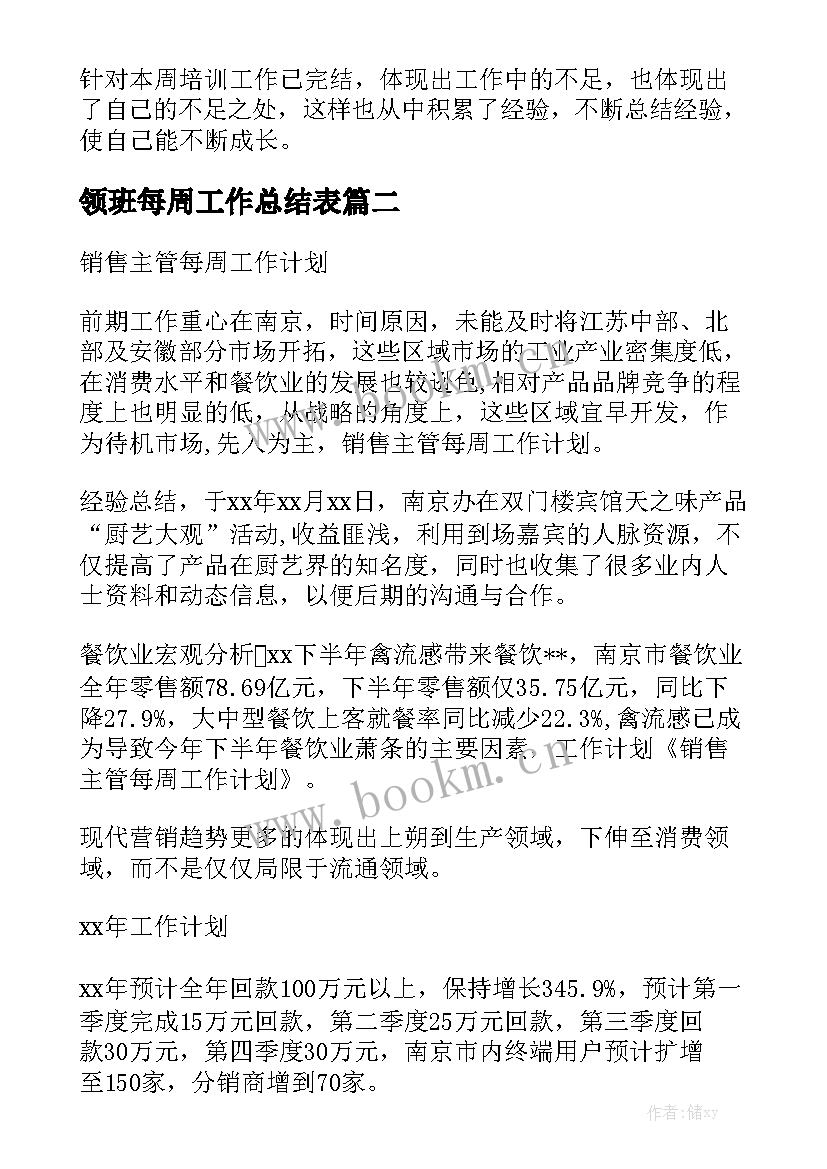 领班每周工作总结表