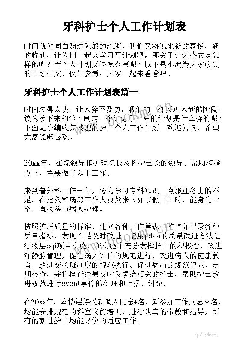 牙科护士个人工作计划表