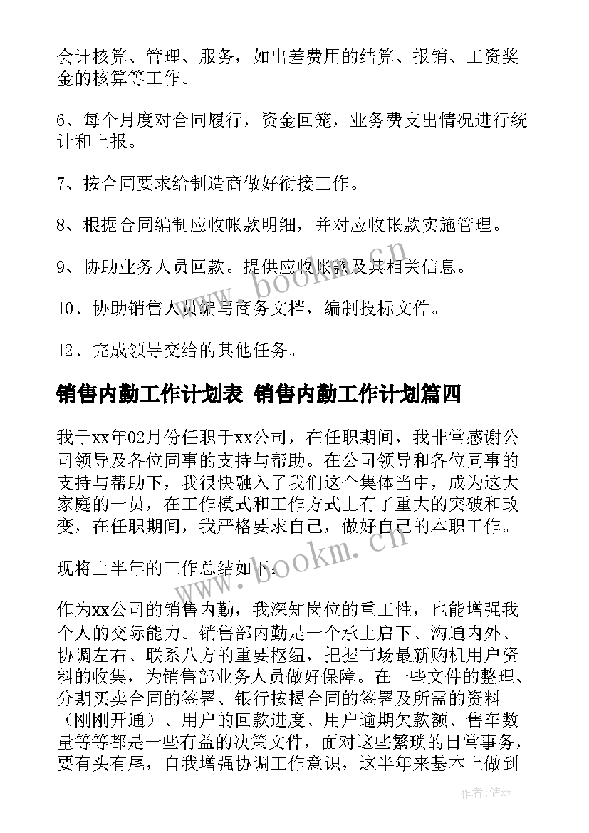 销售内勤工作计划表 销售内勤工作计划