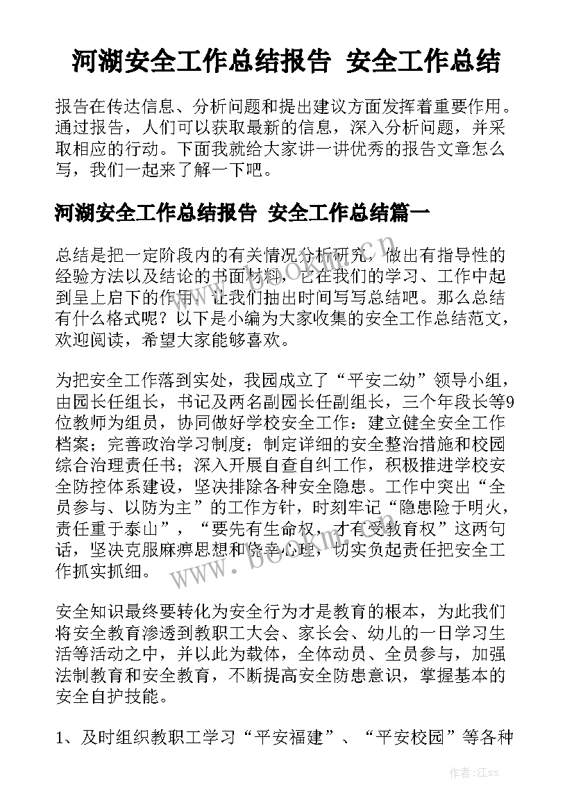 河湖安全工作总结报告 安全工作总结