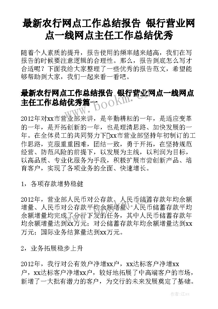 最新农行网点工作总结报告 银行营业网点一线网点主任工作总结优秀