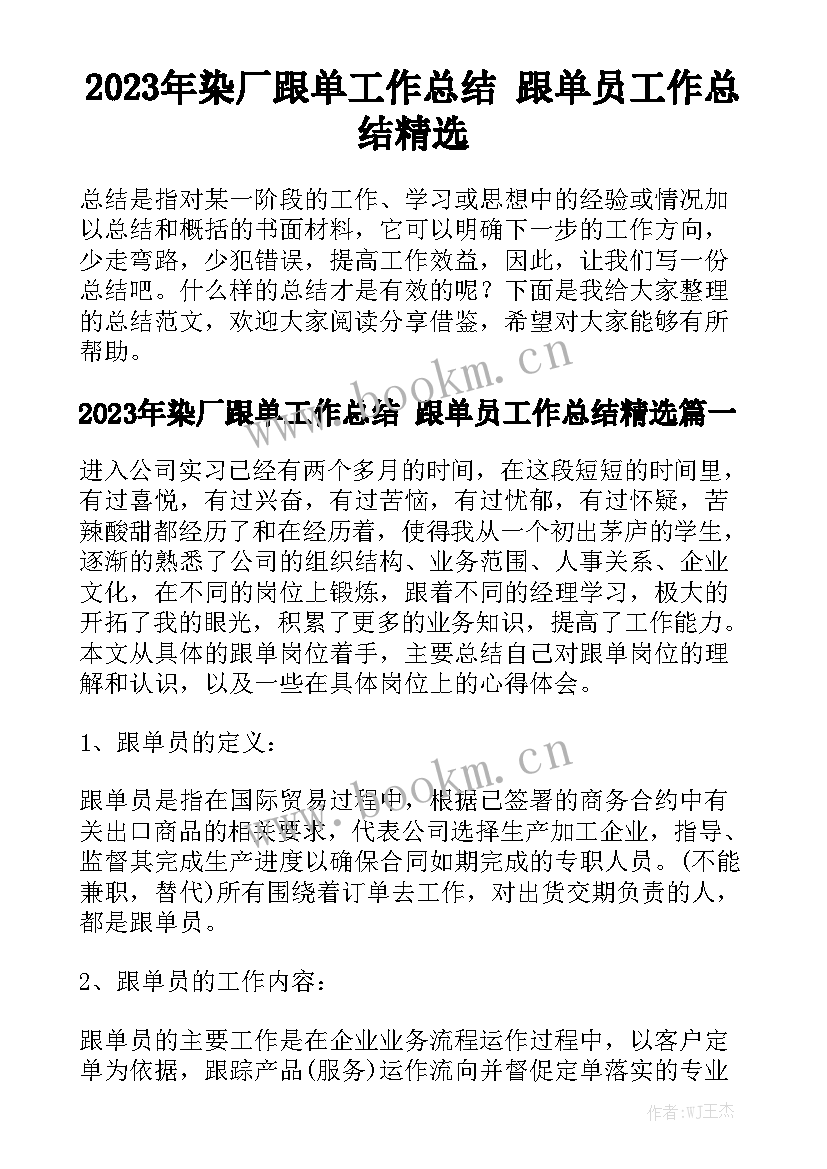 2023年染厂跟单工作总结 跟单员工作总结精选