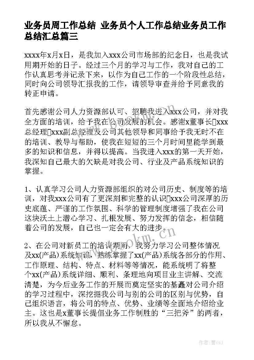 业务员周工作总结 业务员个人工作总结业务员工作总结汇总