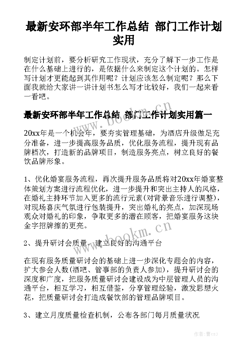 最新安环部半年工作总结 部门工作计划实用