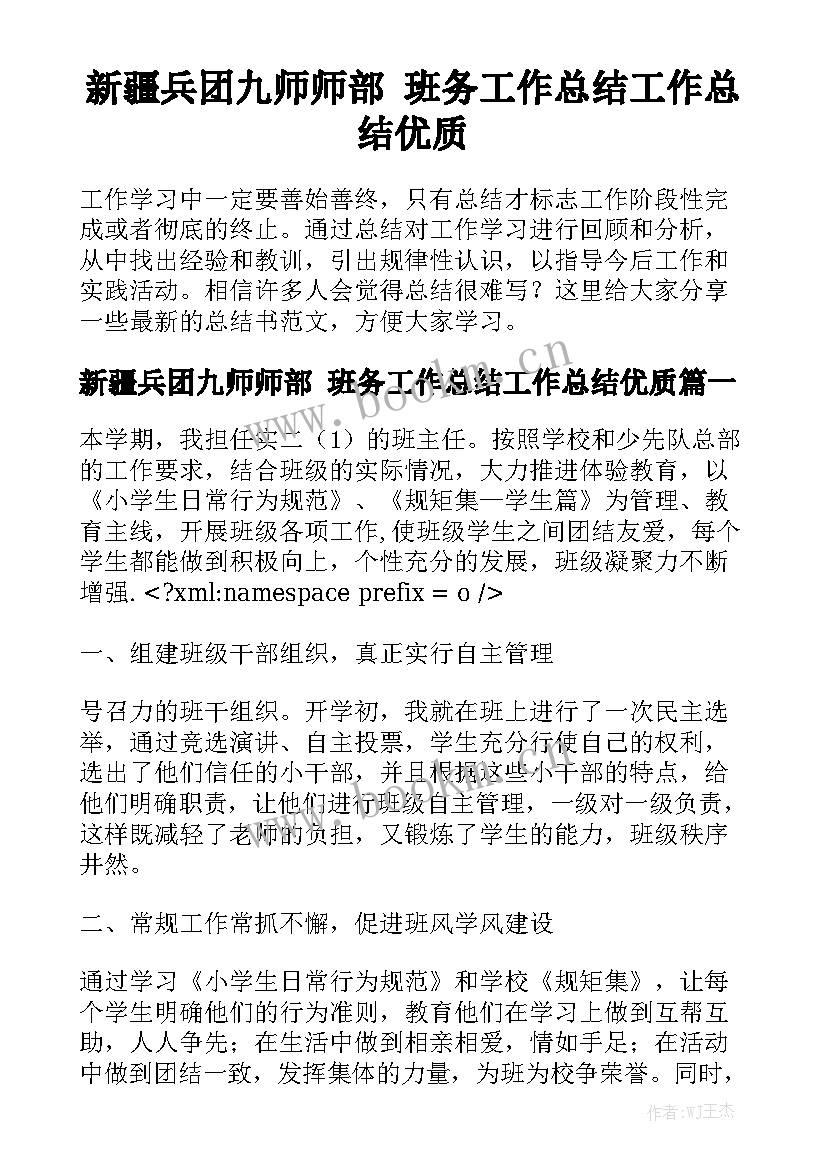 新疆兵团九师师部 班务工作总结工作总结优质