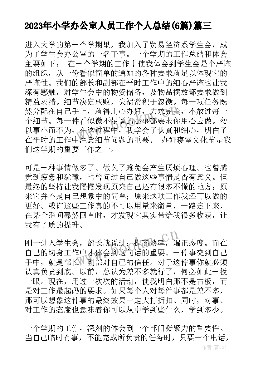 2023年小学办公室人员工作个人总结(6篇)