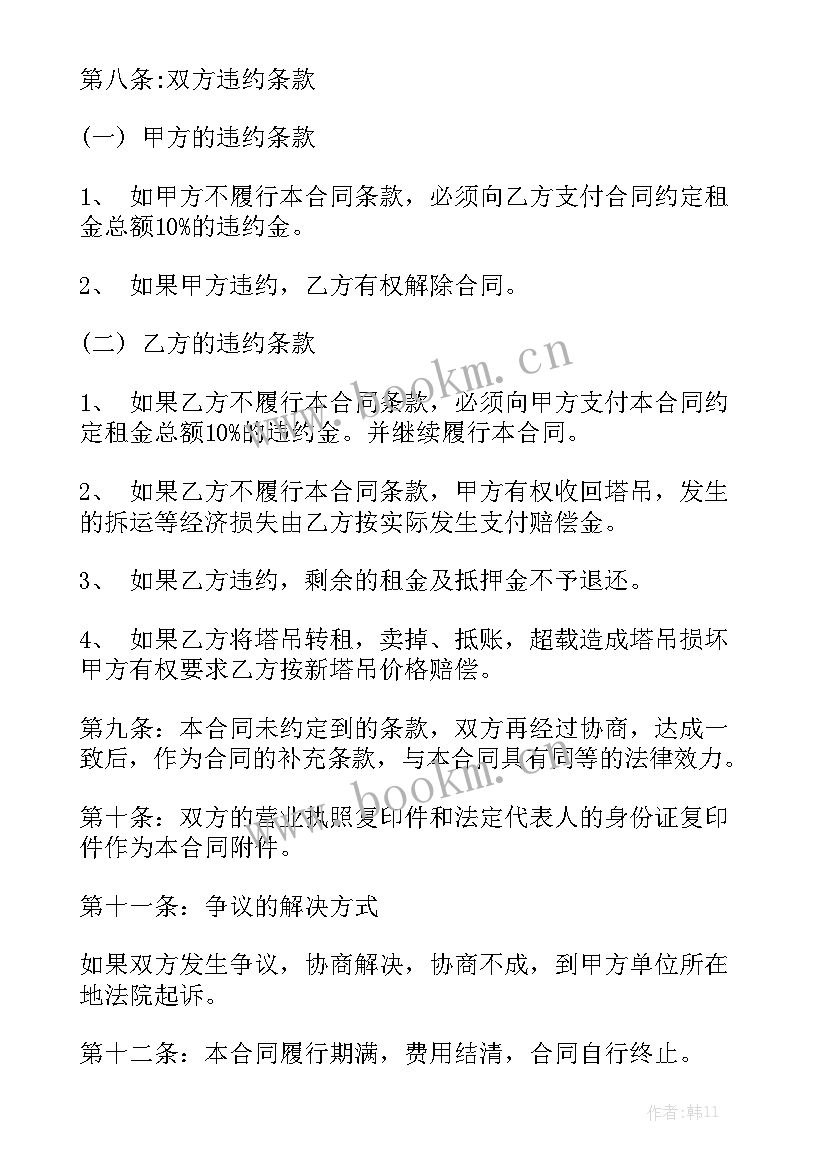 塔吊工作总结 塔吊租赁合同精选