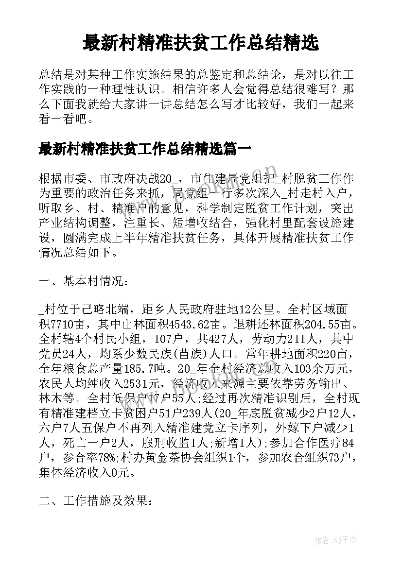 最新村精准扶贫工作总结精选