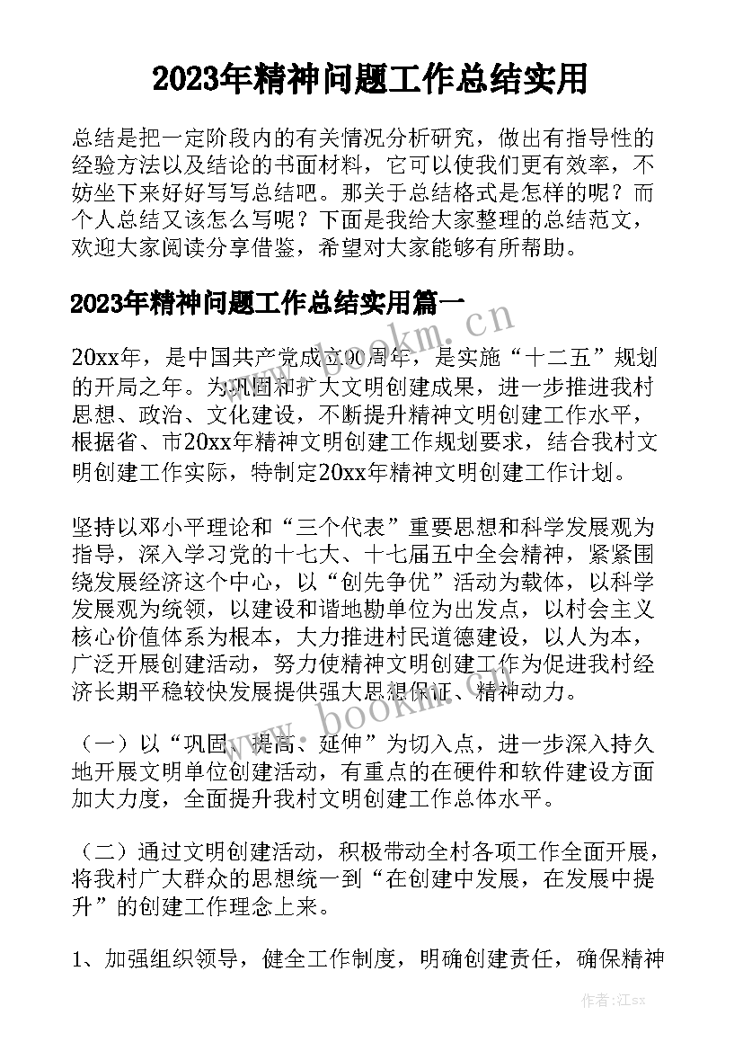 2023年精神问题工作总结实用