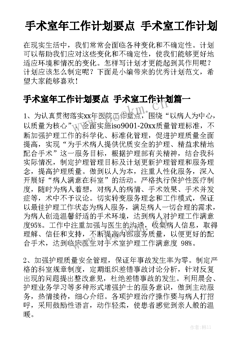 手术室年工作计划要点 手术室工作计划