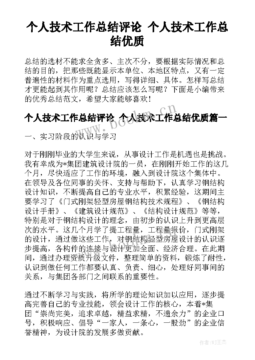 个人技术工作总结评论 个人技术工作总结优质