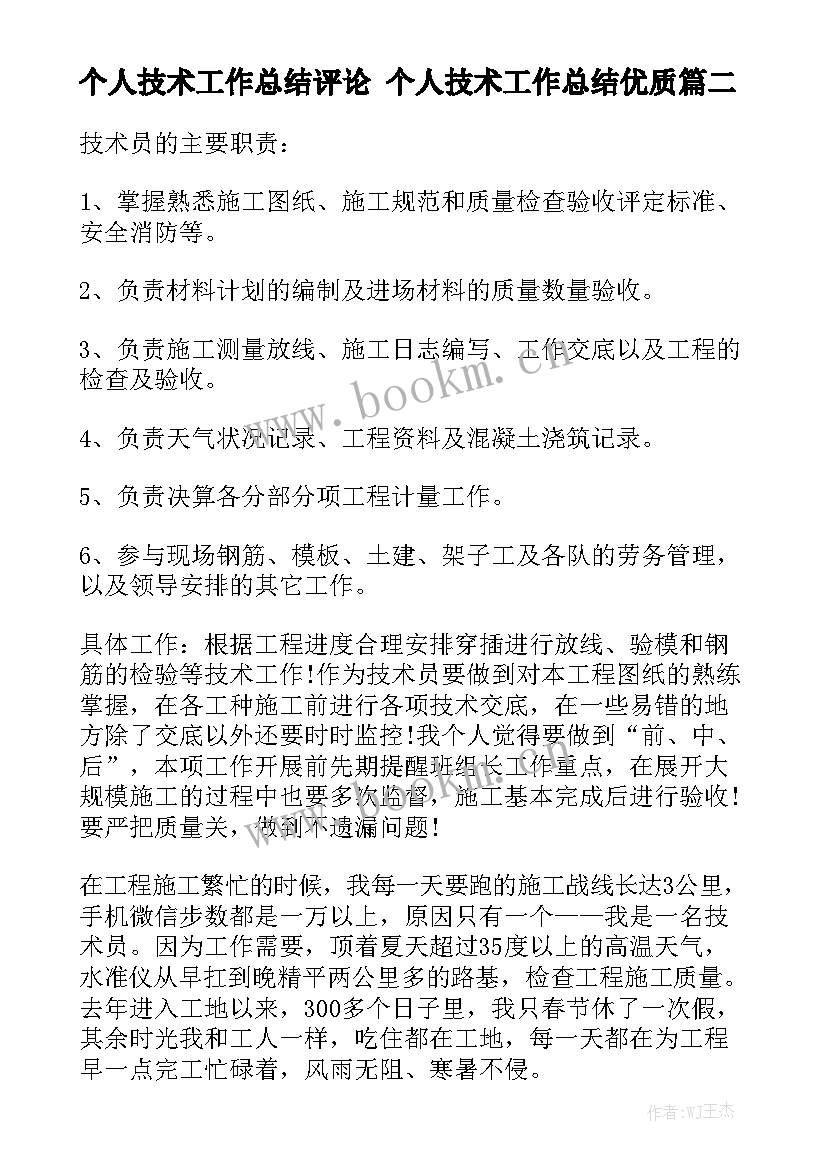 个人技术工作总结评论 个人技术工作总结优质