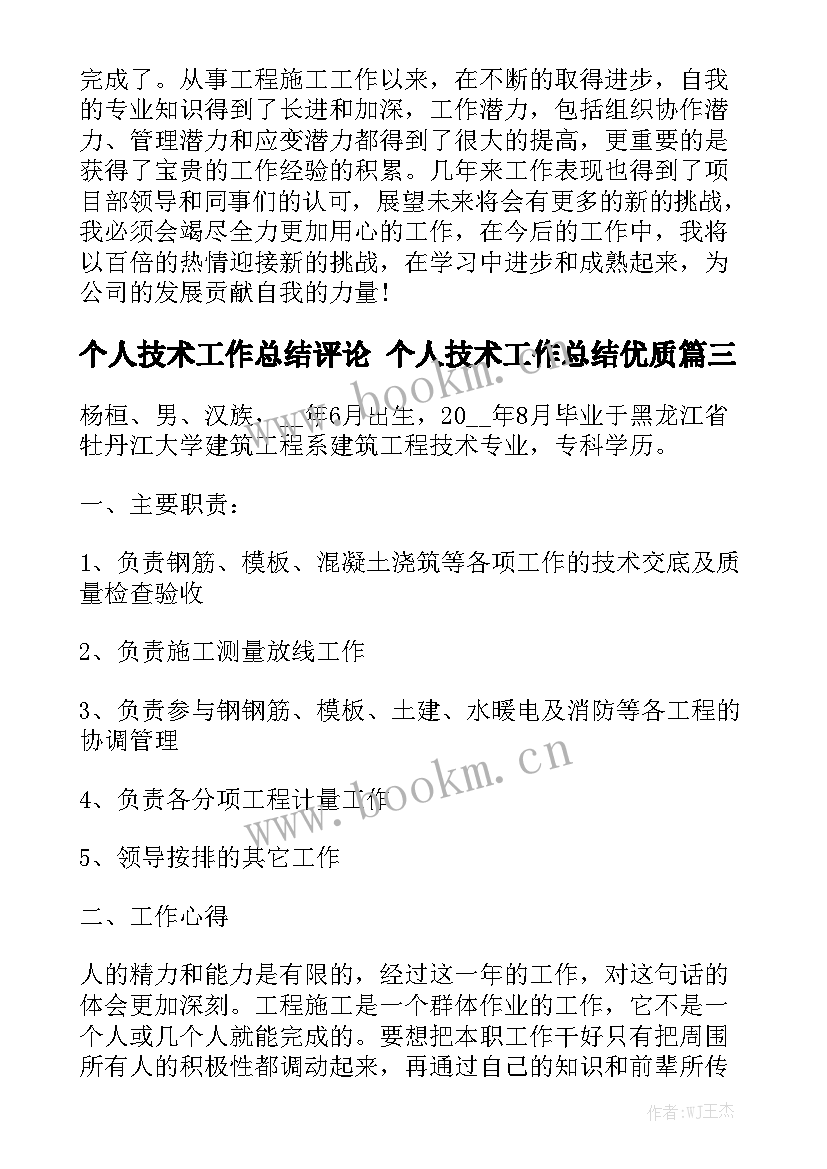 个人技术工作总结评论 个人技术工作总结优质