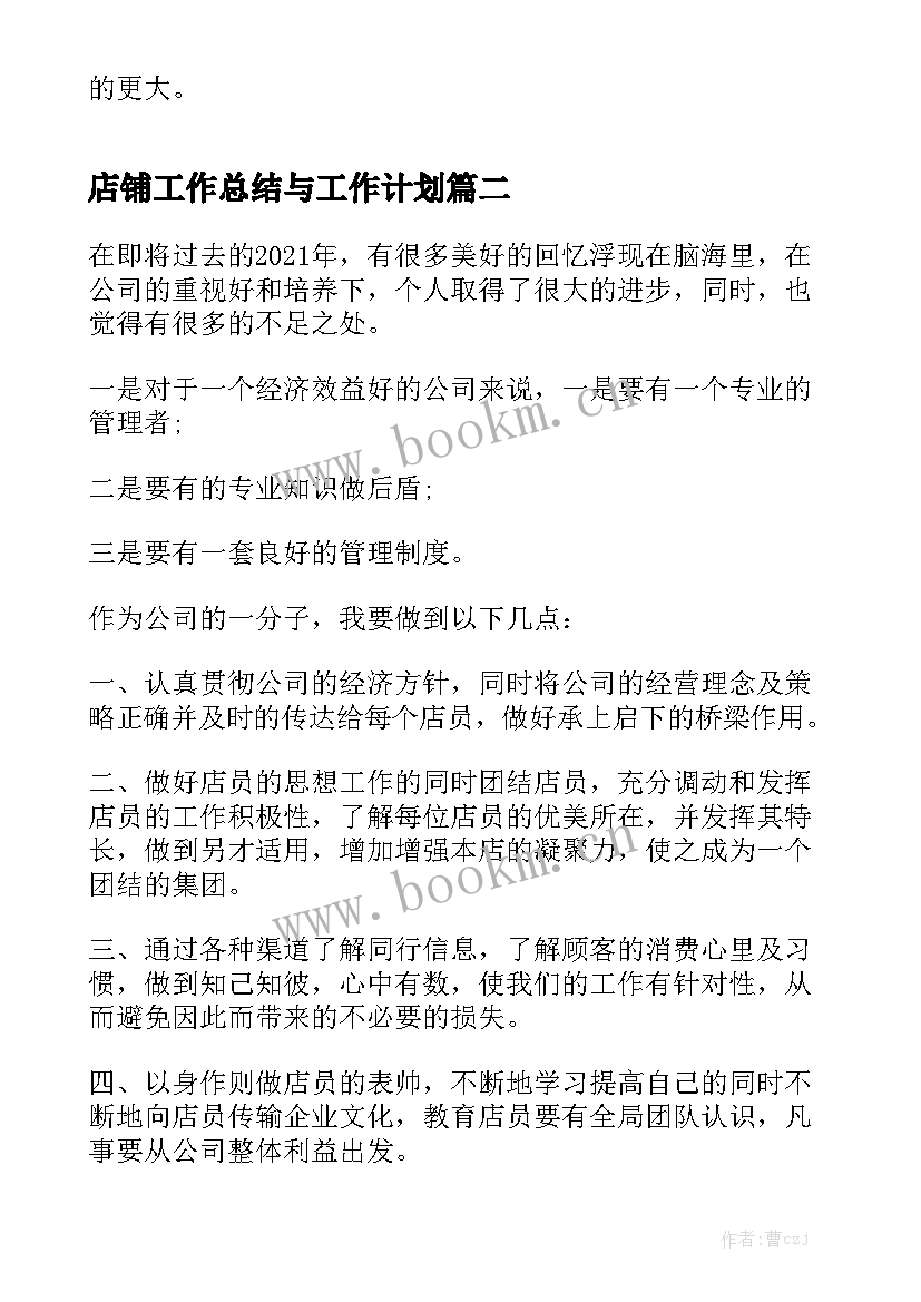 2023年店铺工作总结与工作计划通用