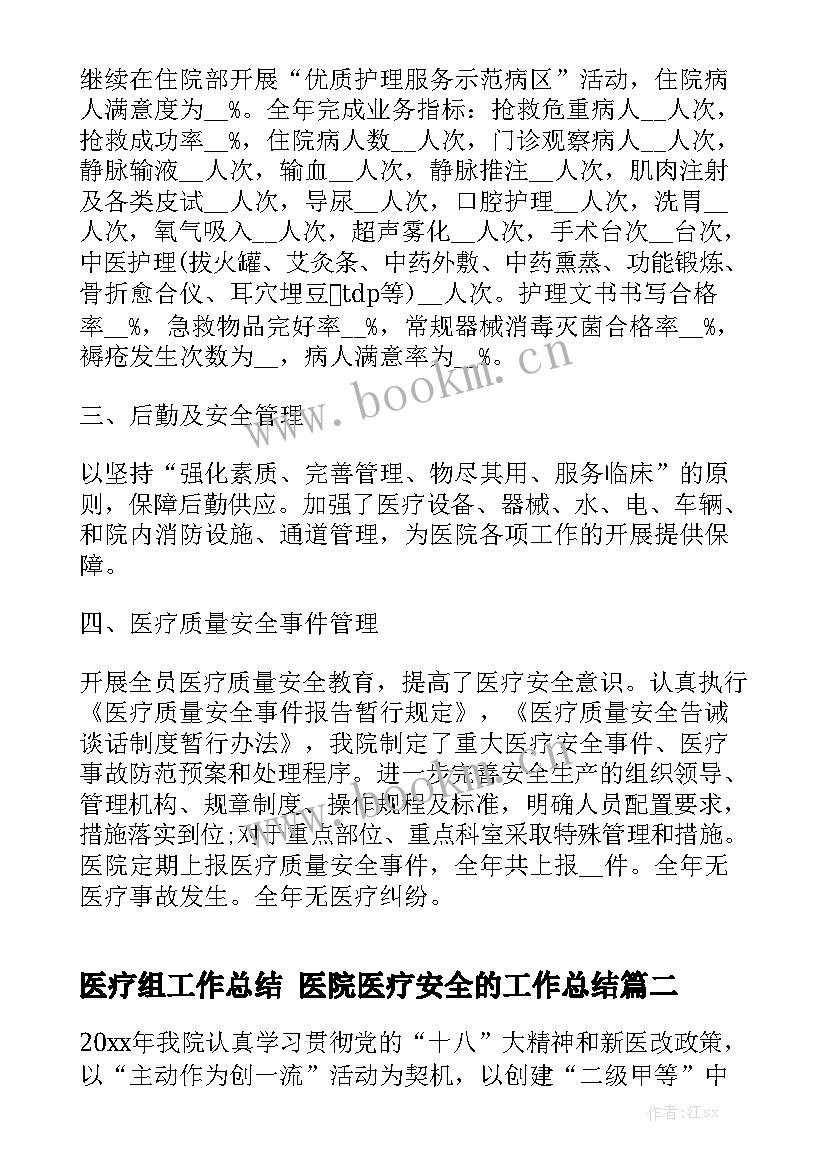 2023年医疗组工作总结 医院医疗安全的工作总结实用