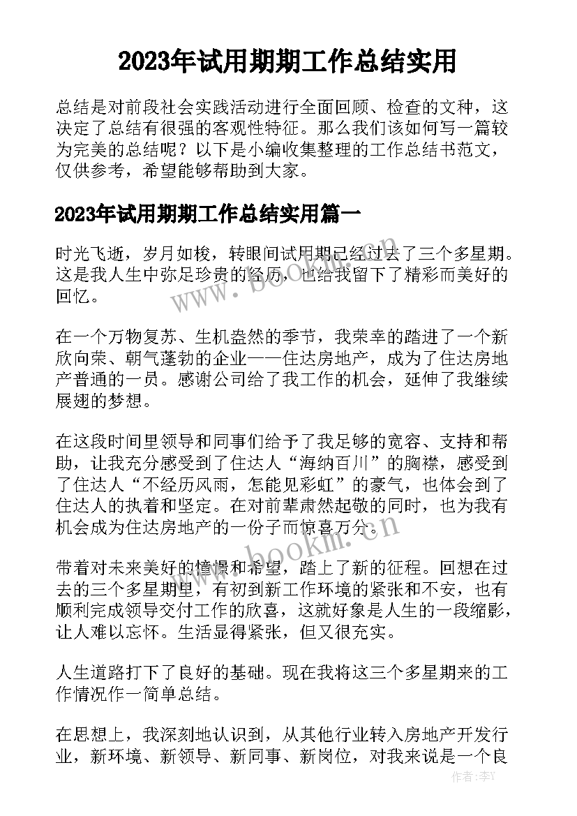 2023年试用期期工作总结实用