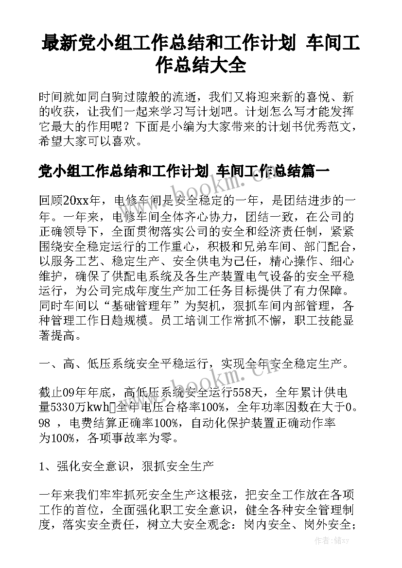 最新党小组工作总结和工作计划 车间工作总结大全