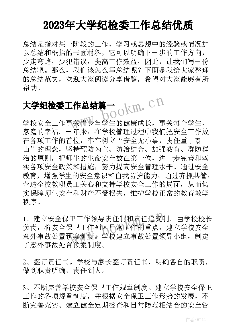 2023年大学纪检委工作总结优质