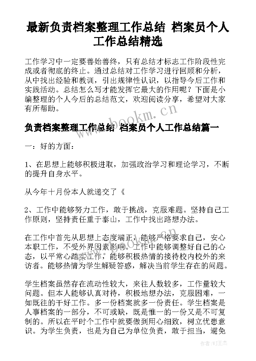 最新负责档案整理工作总结 档案员个人工作总结精选