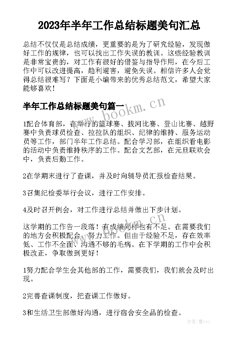 2023年半年工作总结标题美句汇总