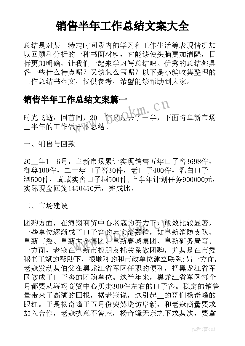 销售半年工作总结文案大全